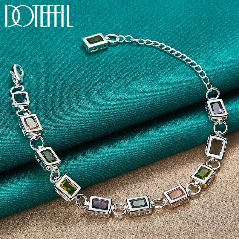 925 Sterling Silver Square inlaid With Multi-color AAA Zircon Bracelet Chain For Woman Jewelry