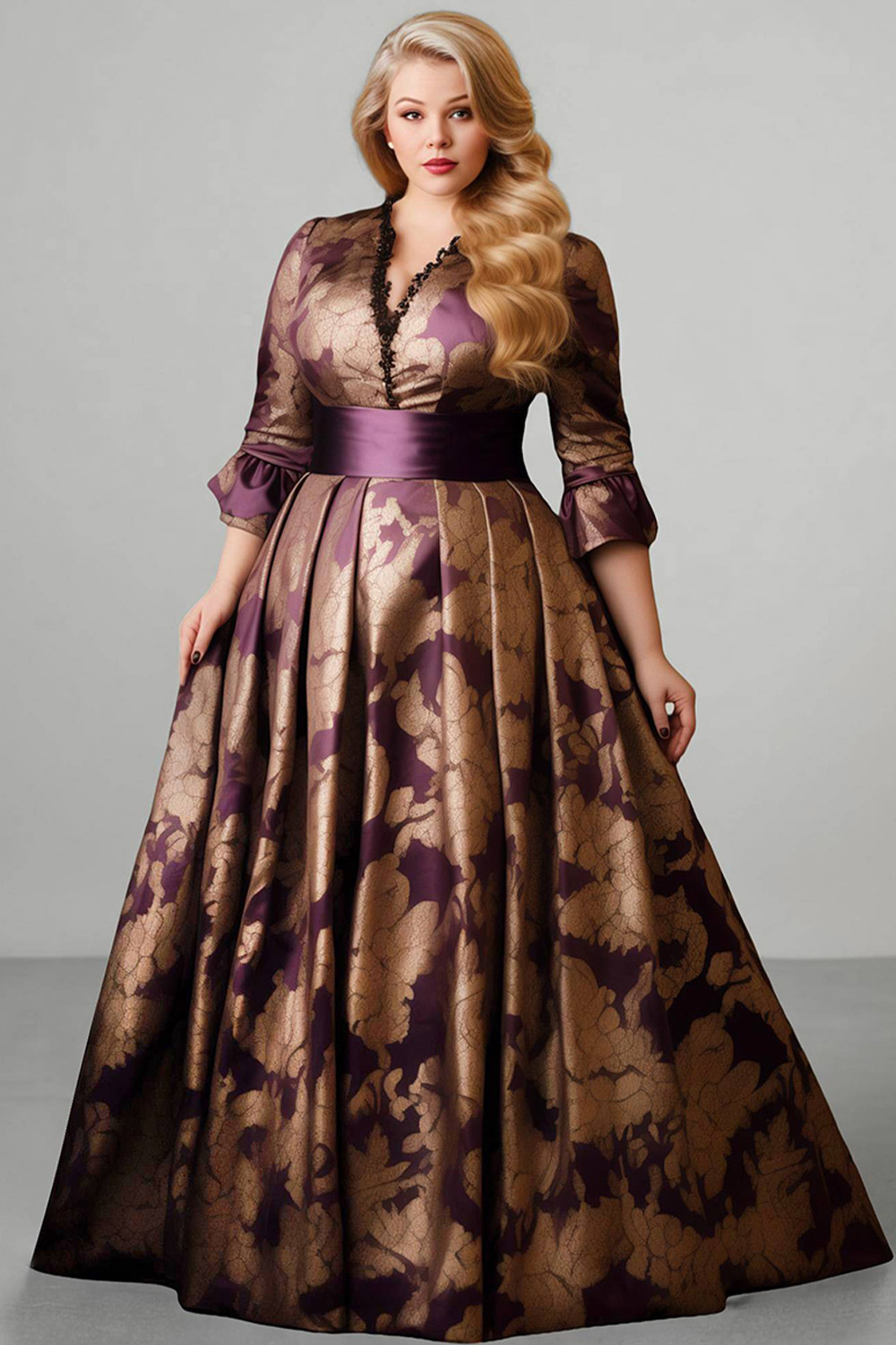 Flycurvy Plus Size Wedding Guest Purple Satin Floral Print Flare Sleeve Maxi Dress 2024 - Flycurvy 