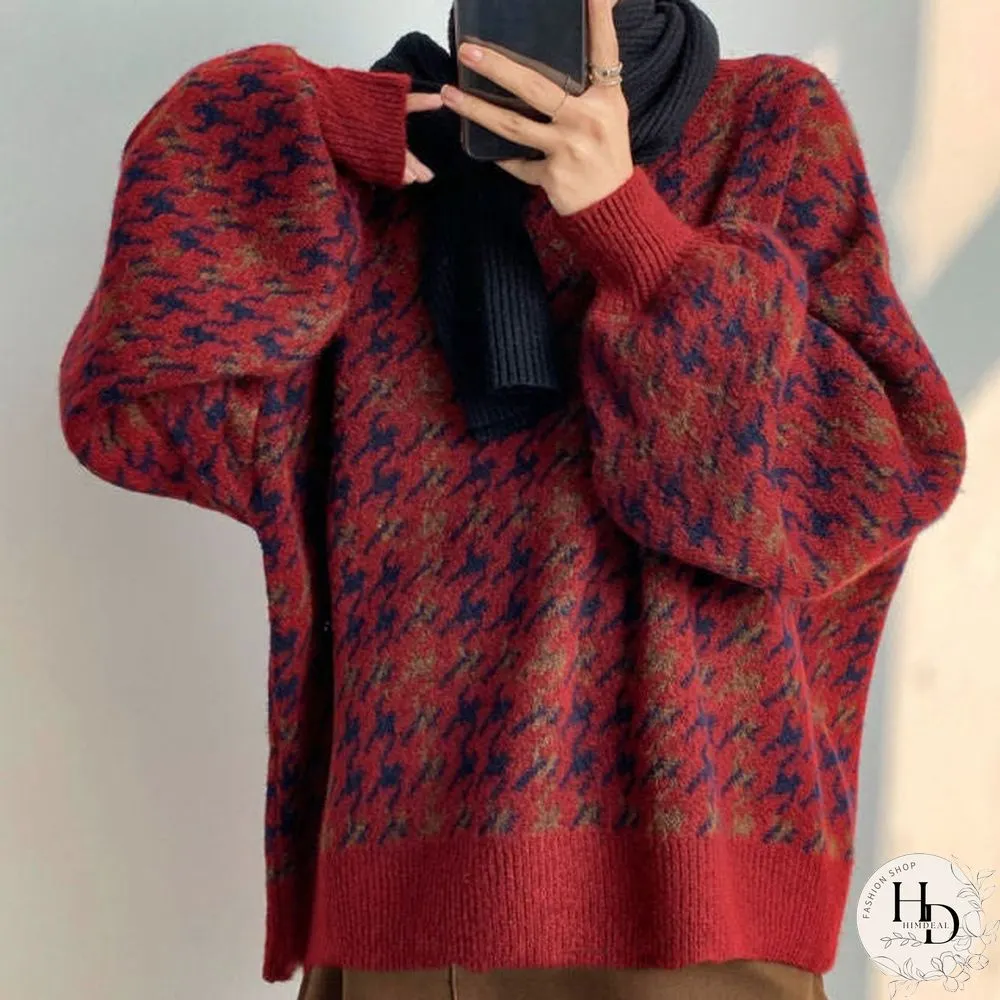 Womens Pullover Patchwork Loose Lantern Sleeve Simple Knitted Sweater-Female Elegant