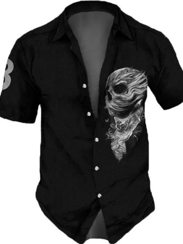 Gothic Dark Street Skull Print Bottons Shirt Collar Short Sleeve Top