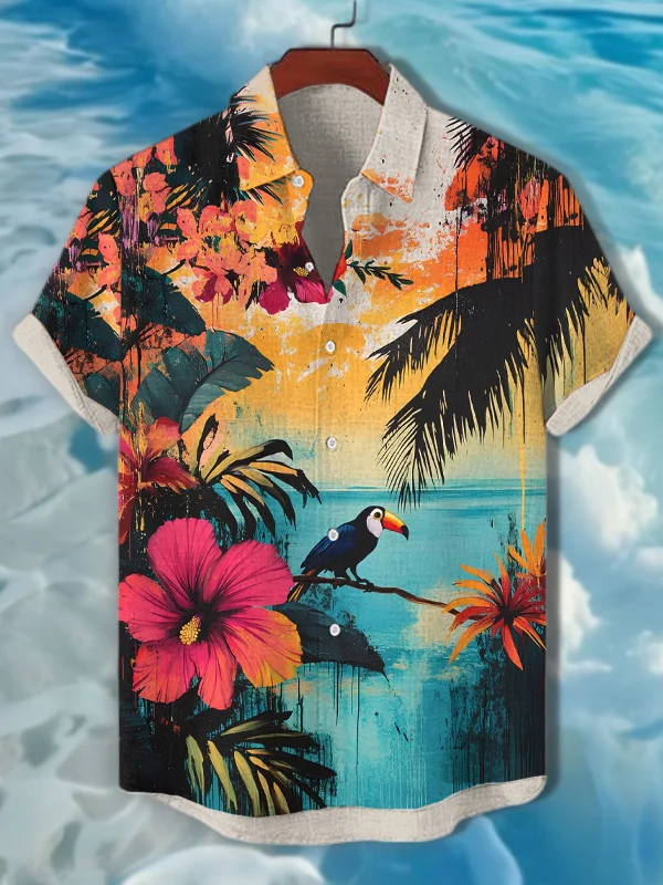 Men's Vacation Tropical Floral Toucan Print Short Sleeve Shirt