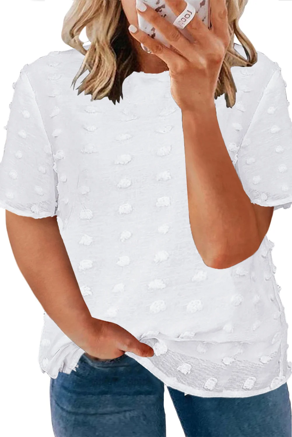 White Plus Size Swiss Dot Texture Short Sleeve Top | IFYHOME