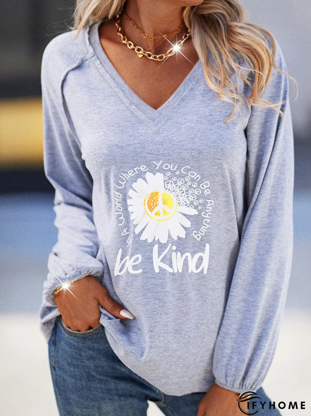 Casual V neck Long Sleeve Printed Tunic T-Shirt | IFYHOME