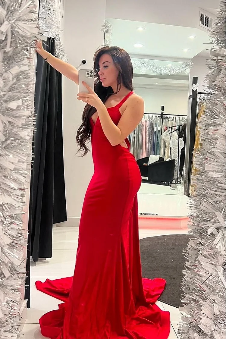 Hellodresses Spaghetti Strap Sleeveless Backless Long Mermaid Prom Dress With Ruffles 