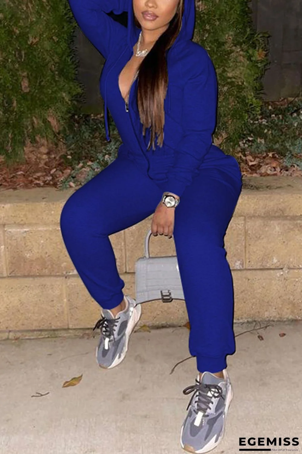 Royal Blue Sweet Solid Hooded Collar Jumpsuits | EGEMISS