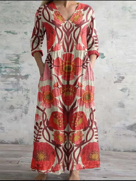 Women's 3/4 Sleeve V-neck Graphic Printed Midi Dress