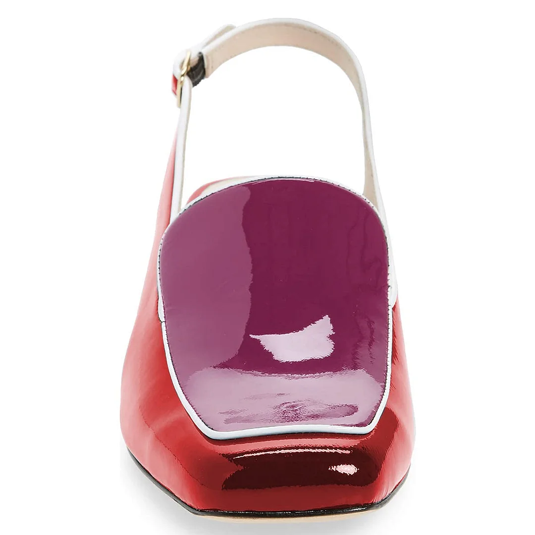 Red & Purple Square Toe Chunky Heel Slingback Women's Loafers