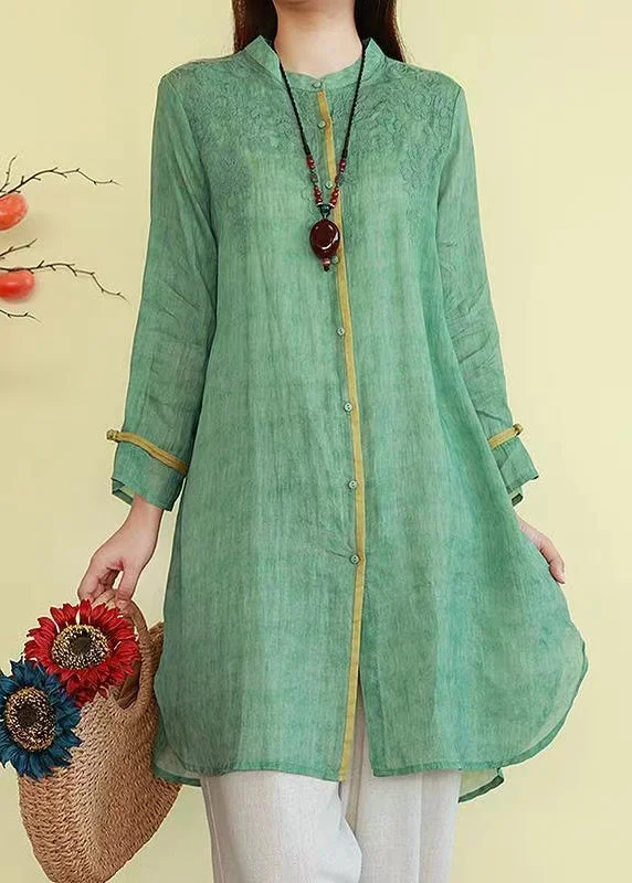 New Green Stand Collar Embroidered Button Linen Shirt Spring