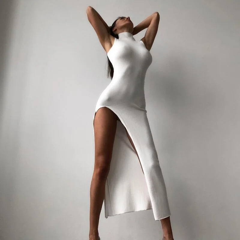 Solid Turtleneck Sleeveless Slit  Maxi Dress 2023 New Year Evening Party Wear Bodycon Elegant Fashion Streetwear