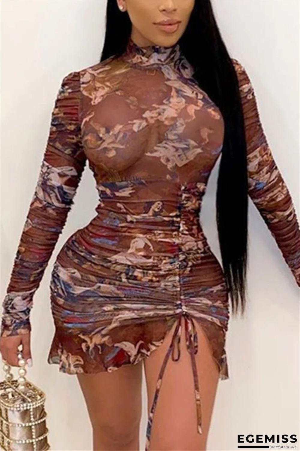 Coffee Sexy Spandex Gauze Patchwork Print Patchwork Frenulum Flounce Basic Turtleneck Long Sleeve Mini Wrapped Skirt Dresses | EGEMISS