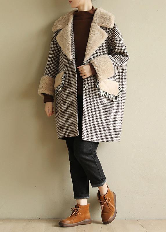 VCSHOES plus size winter coat patchwork jacket plaid two pockets woolen coats