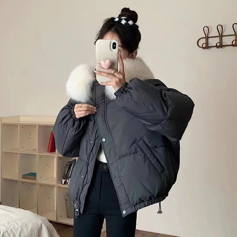 Woherb Korean Version Sweet Down Jacket Female Short Money 2024 Winter New Style Add Thick Small Fox Fur Collar White Duck Down Coat Tide-Outfit Ideas