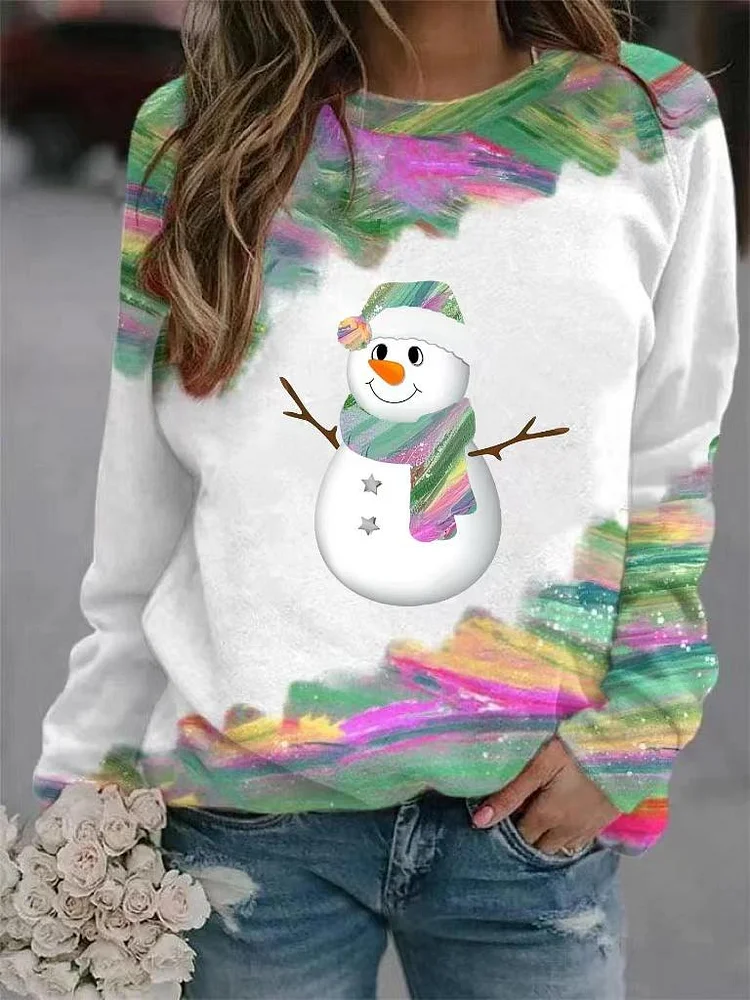 Women's Christmas Multicolored Snowman Printed Round Neck Sweatshirt