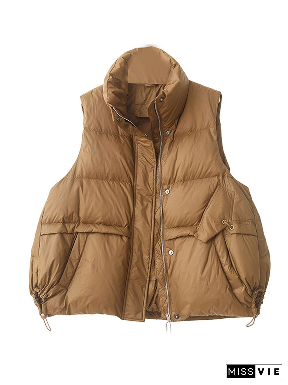 Original Creation Loose Sleeveless Solid Color Zipper High-Neck Vest Outerwear