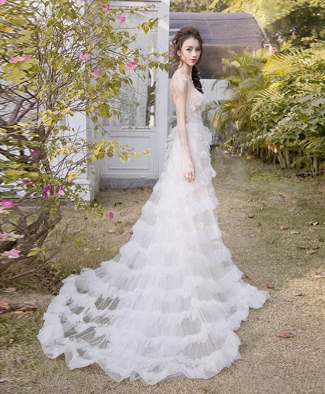 Unique White Tulle Lace Long Prom Dress, White Wedding Dress
