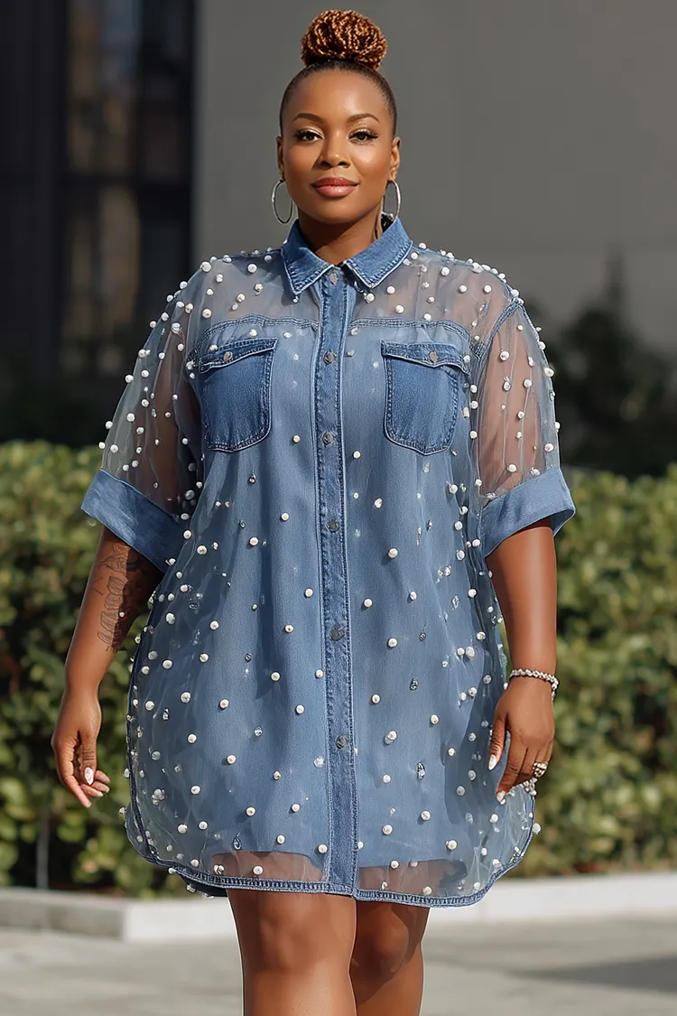 Xpluswear Design Plus Size Festival Casual Tulle Blue Shirt Collar Short Sleeve Pearls See Through Tencel Denim Mini Dresses [Pre-Order] 2024 - Xpluswear