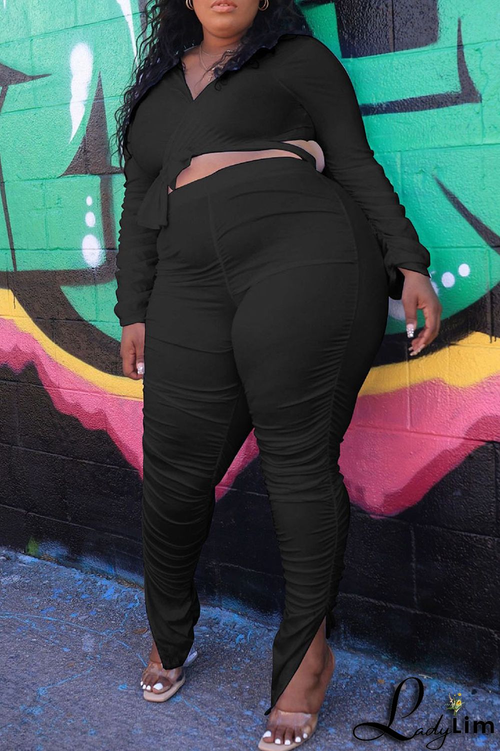 Rose Red Sexy Solid Bandage Patchwork Fold V Neck Plus Size Two Pieces