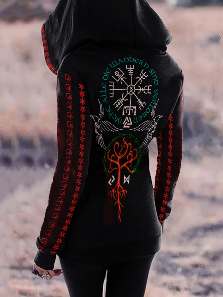 Viking Totem Embroidered Print Contrast Zip Hoodie