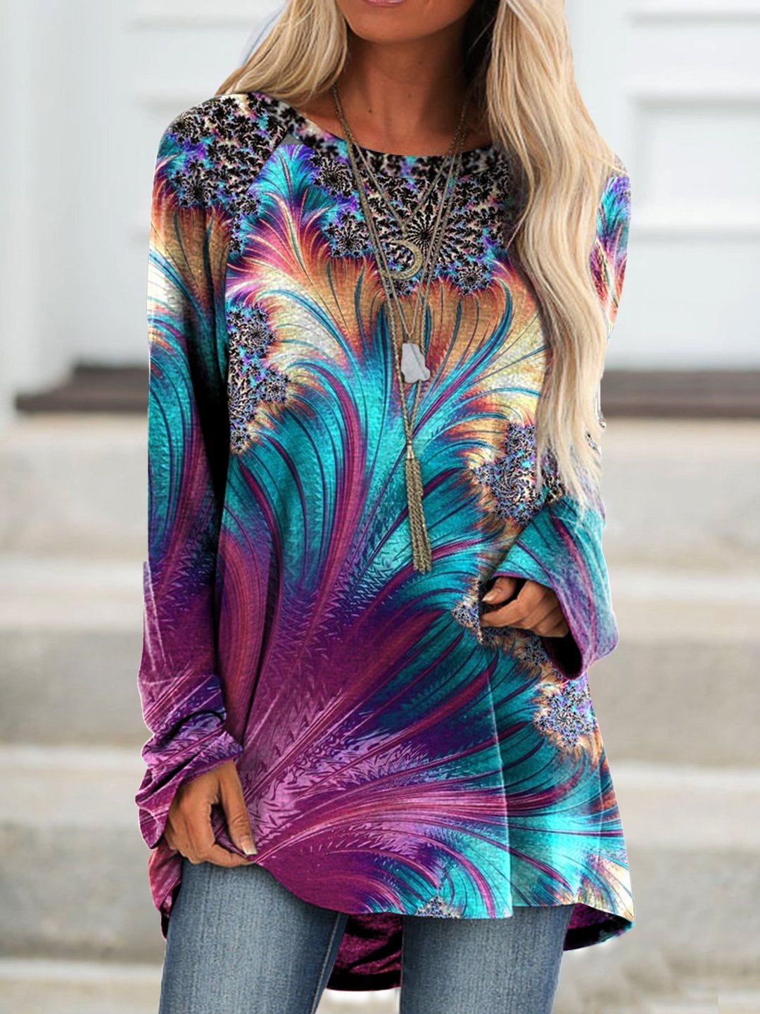 Peacock Feather Print Round Collar Long Sleeve Vintage T-shirt