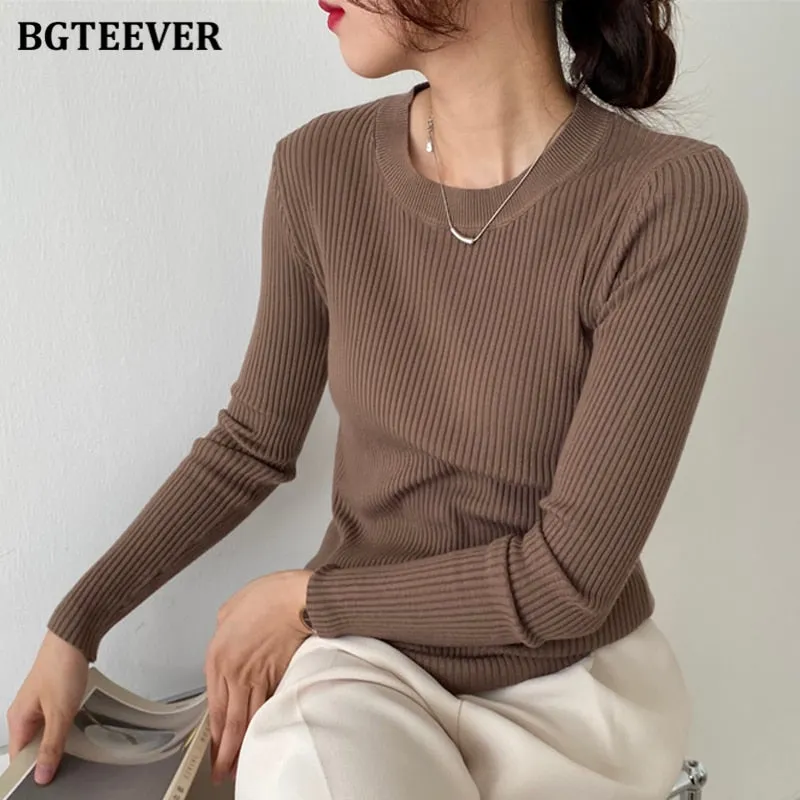 BGTEEVER Fashion New Autumn O-neck Slim Women Sweater 2021 Full Sleeve Stretched Casual Knitwear Skinny Female Knitting Tops