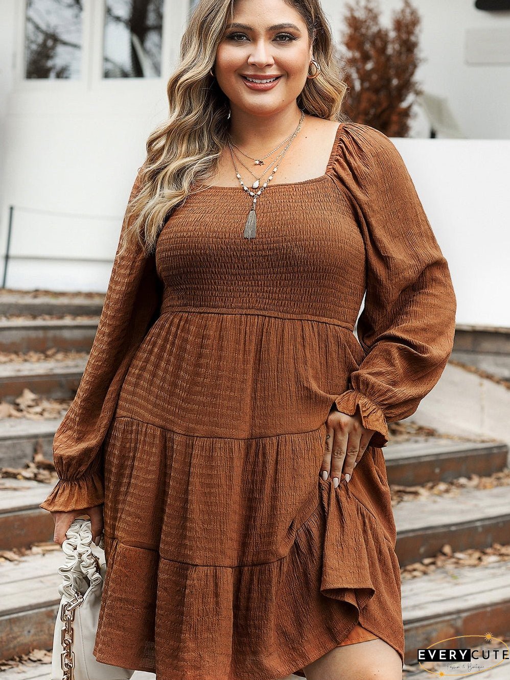 Chestnut Smocked Ruffle Sleeve Plus Size Tiered Mini Dress