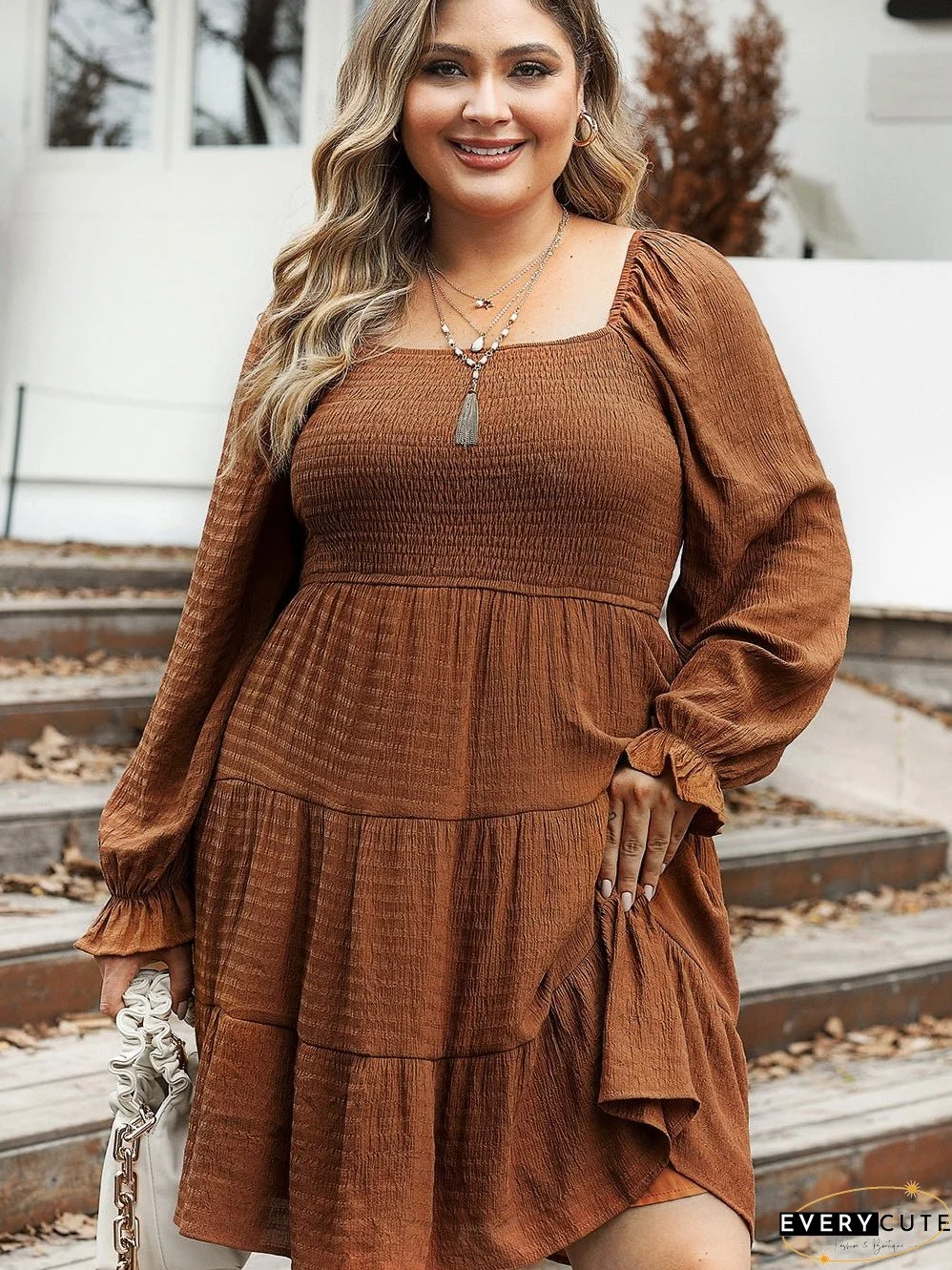 Chestnut Smocked Ruffle Sleeve Plus Size Tiered Mini Dress