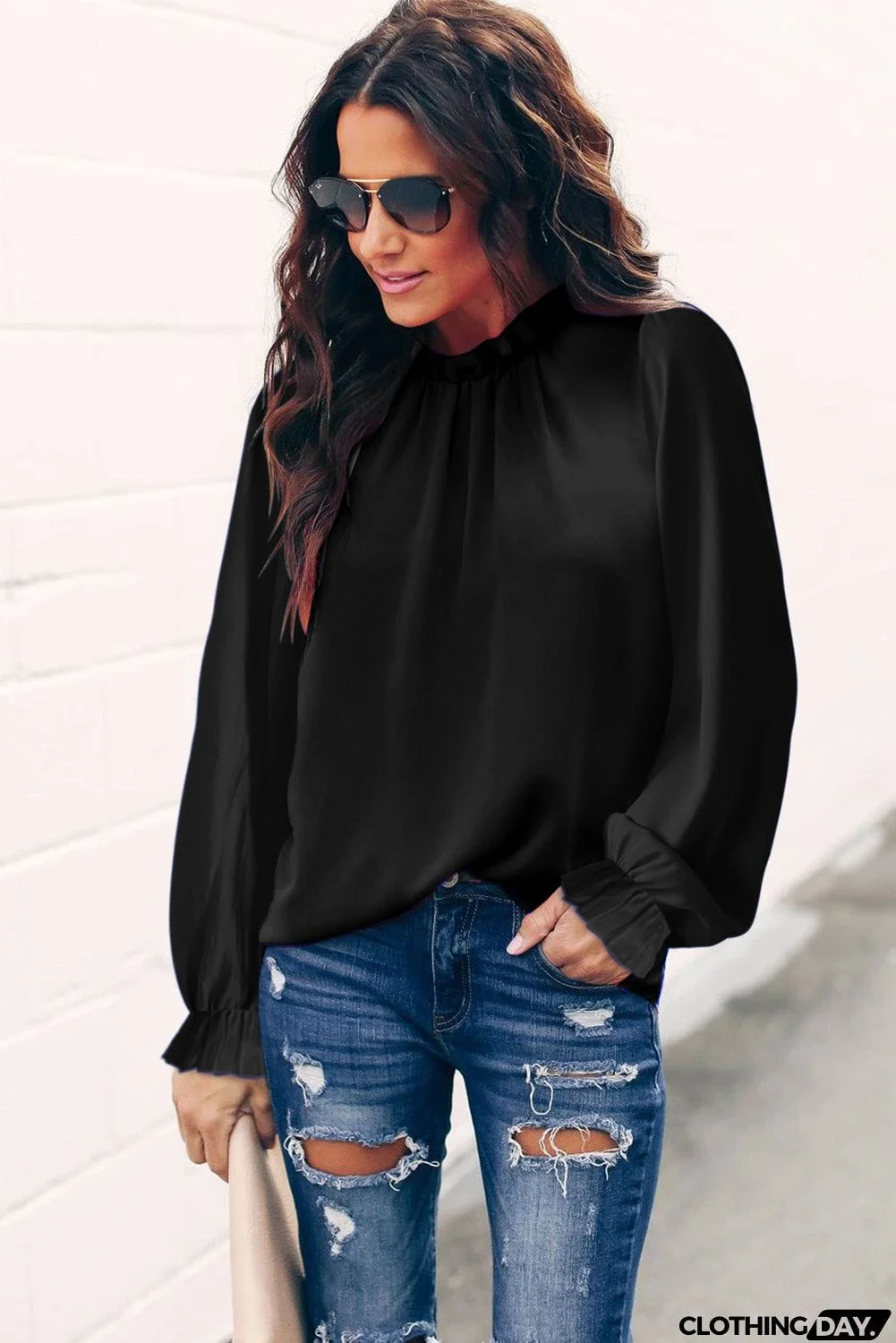 Frilled Mock Neck Balloon Sleeve Blouse
