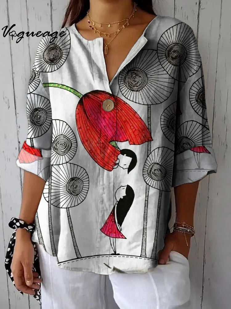 Romantic Lovers Looking At Each Other Among Plants Printed Cotton And Linen Shirt