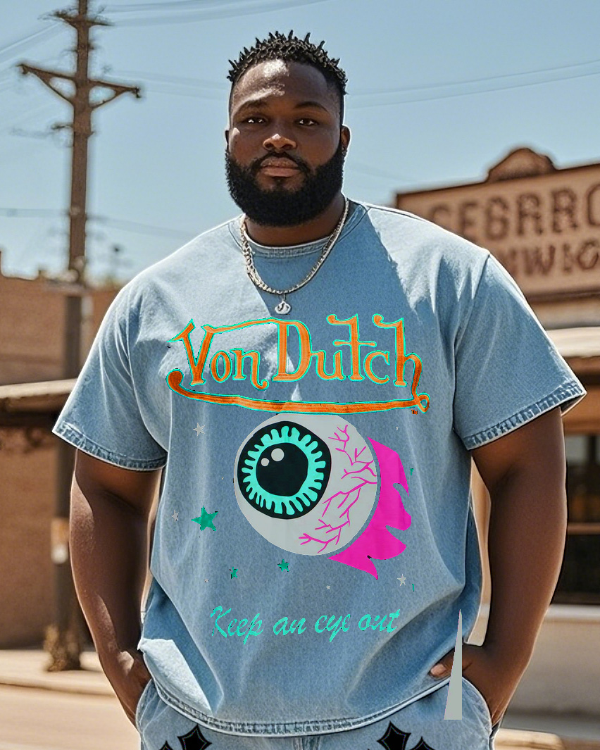 Plus Size Men Street Fashion Crucifix Sticker Art Hell's Eye Denim T-Shirt Pants Suit