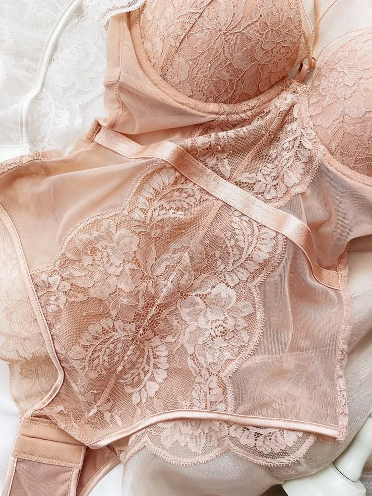 Wriufred Less ladies underwear gathered thickened bra sexy lace transparent sling bodysuit hollow beautiful back lingerie set