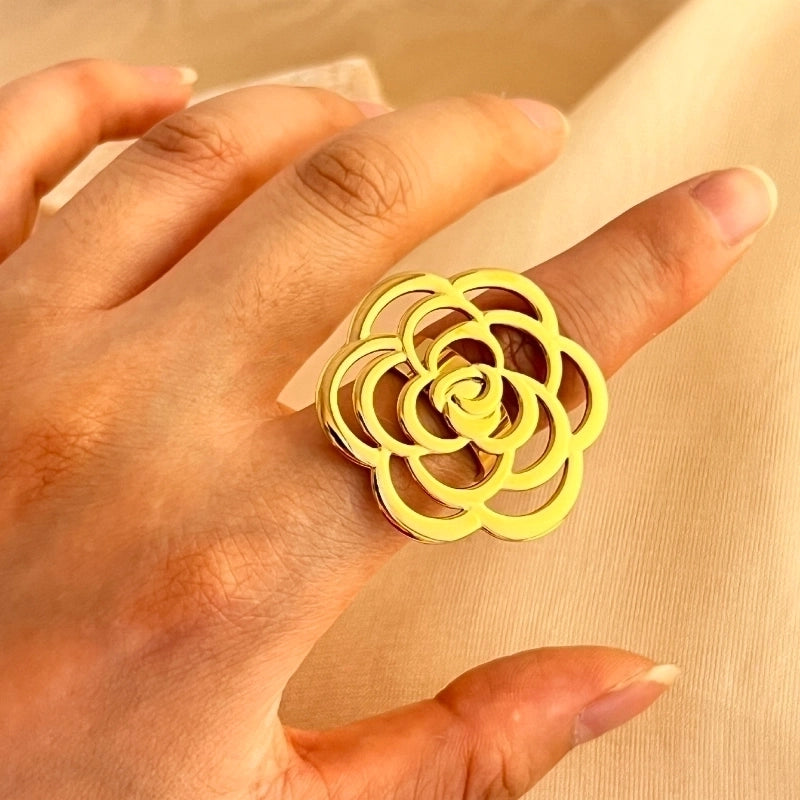Casual Retro Minimalist Flower 201 Stainless Steel 18K Gold Plated Hollow Out Adjustable Ring