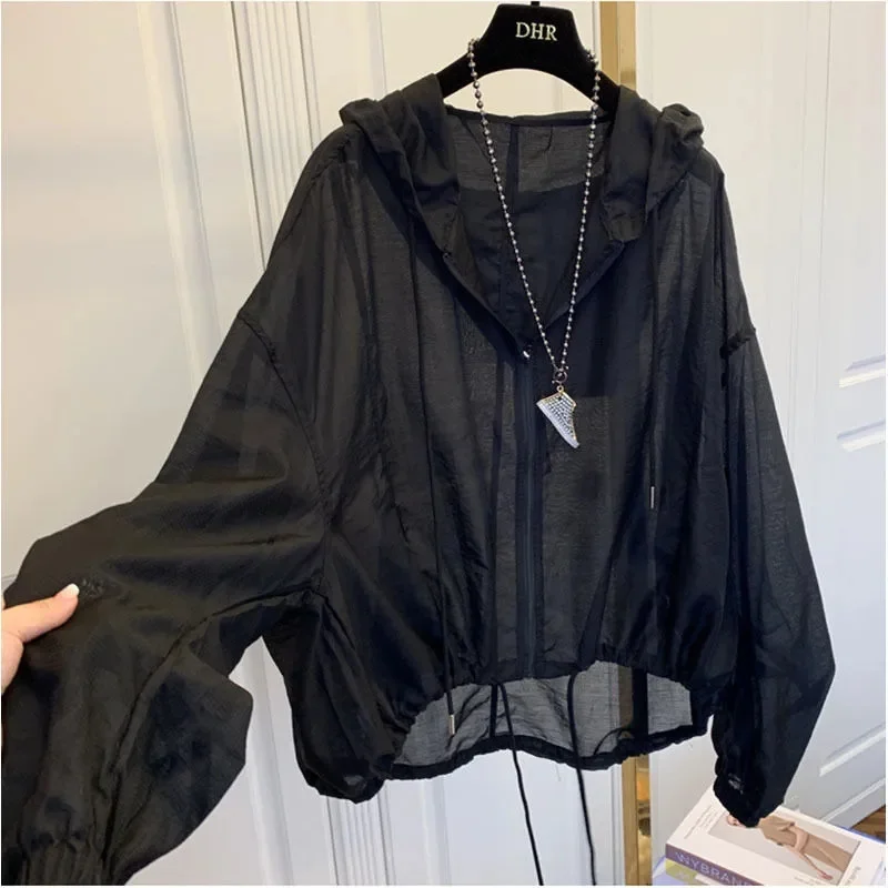 Women Hooded Jackets 2023 New Summer Sun-proof Zipper Thin Coats Loose Through Outerwear Breathable Outwear Lightweight Clothes