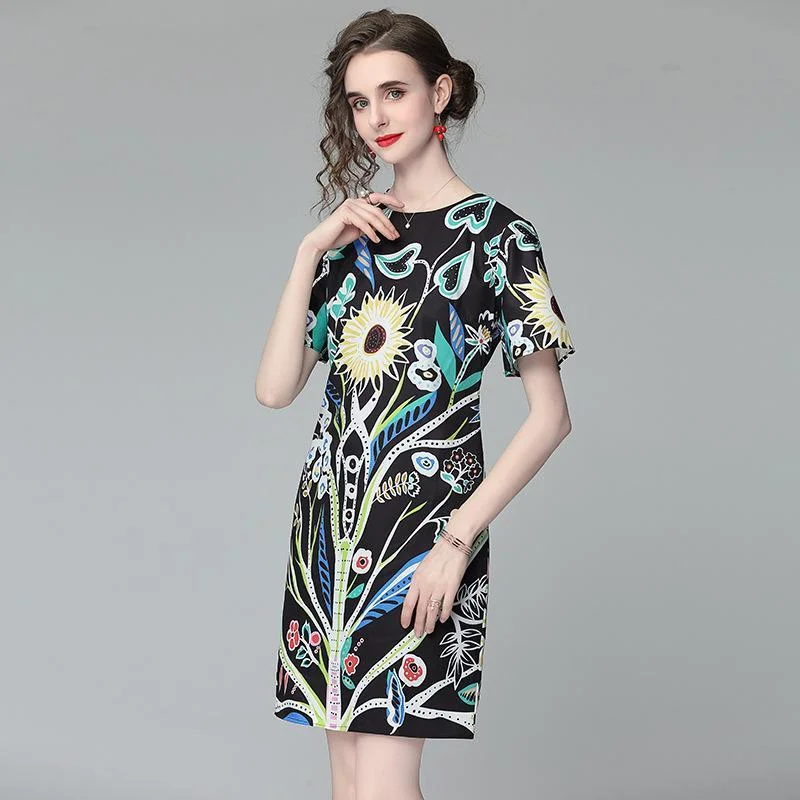 Black Temperament Floral Print Short Sleeve Loose Short Dress