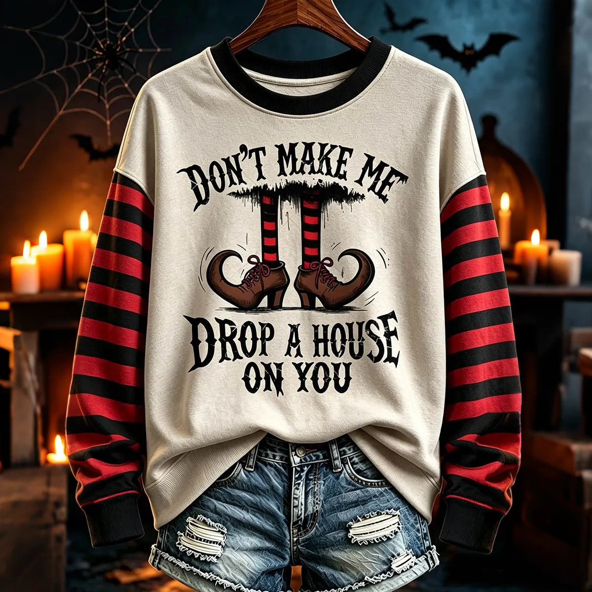 Women's Retro Witch Letter Striped Print Crew Neck Sweatshirt artswardrobe