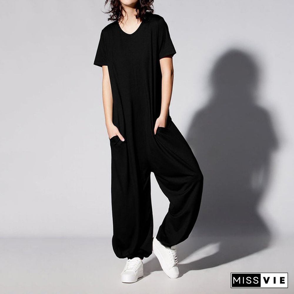 Women Short Sleeve Solid Jumpsuit Casual Loose Baggy Oversized Culottes Playsuit