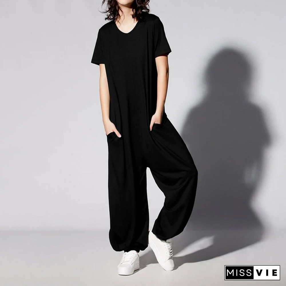 Women Short Sleeve Solid Jumpsuit Casual Loose Baggy Oversized Culottes Playsuit