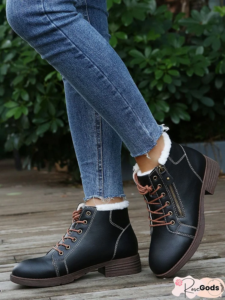 Casual Solid Faux Cashmere Insulated Zip-Up Lace-Up Booties