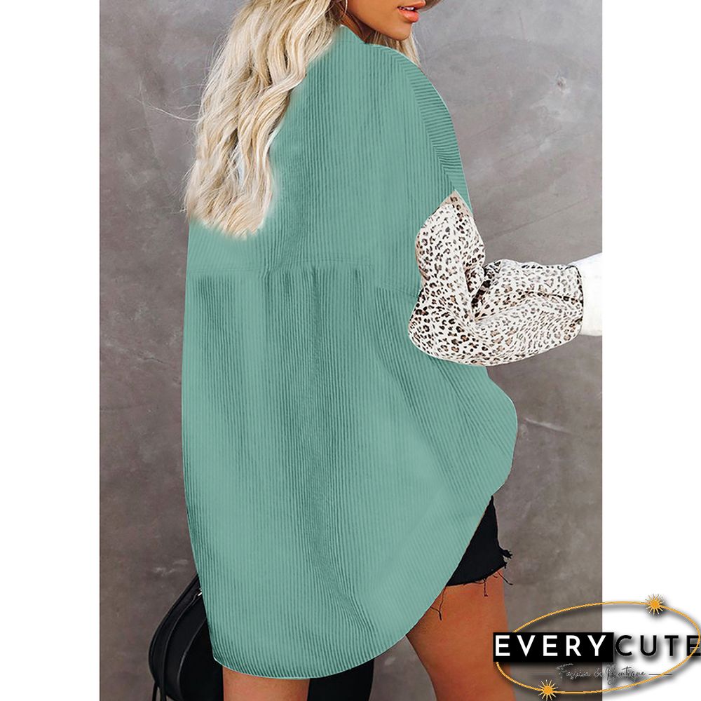 Green Contrast Leopard Corduroy Button Down Shirt