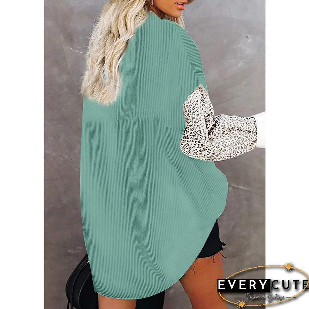 Green Contrast Leopard Corduroy Button Down Shirt