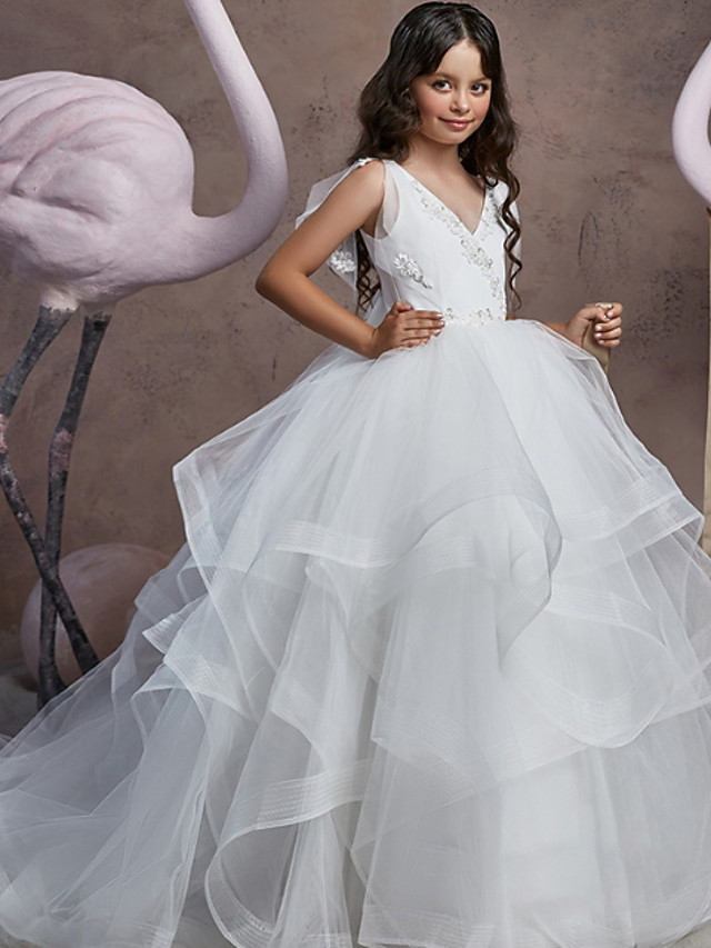 Bellasprom Sleeveless V Neck Ball Gown Floor Length Flower Girl Dress With Embroidery  Solid Bellasprom