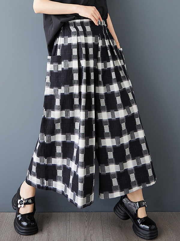 Black And White Plaid Pattern High Waist Vintage Wide Leg Pants