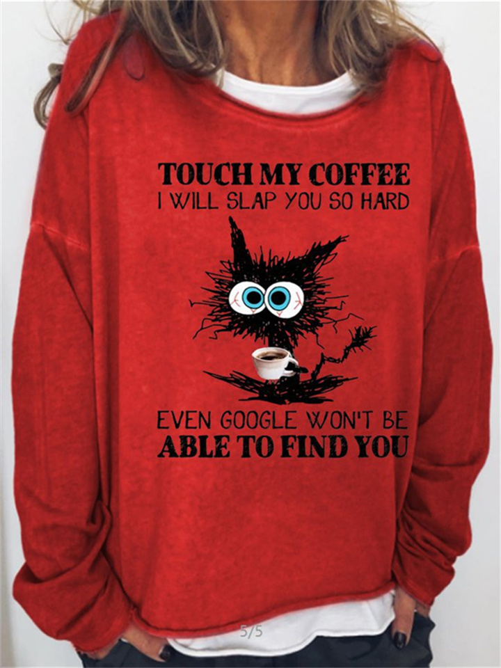 Women's Sweatshirt Pullover Active Vintage Streetwear Print Green Blue Purple Cat touch my coffee i will slap you so hard even google won't be able to find you Loose Fit Daily Round Neck Long Sleeve