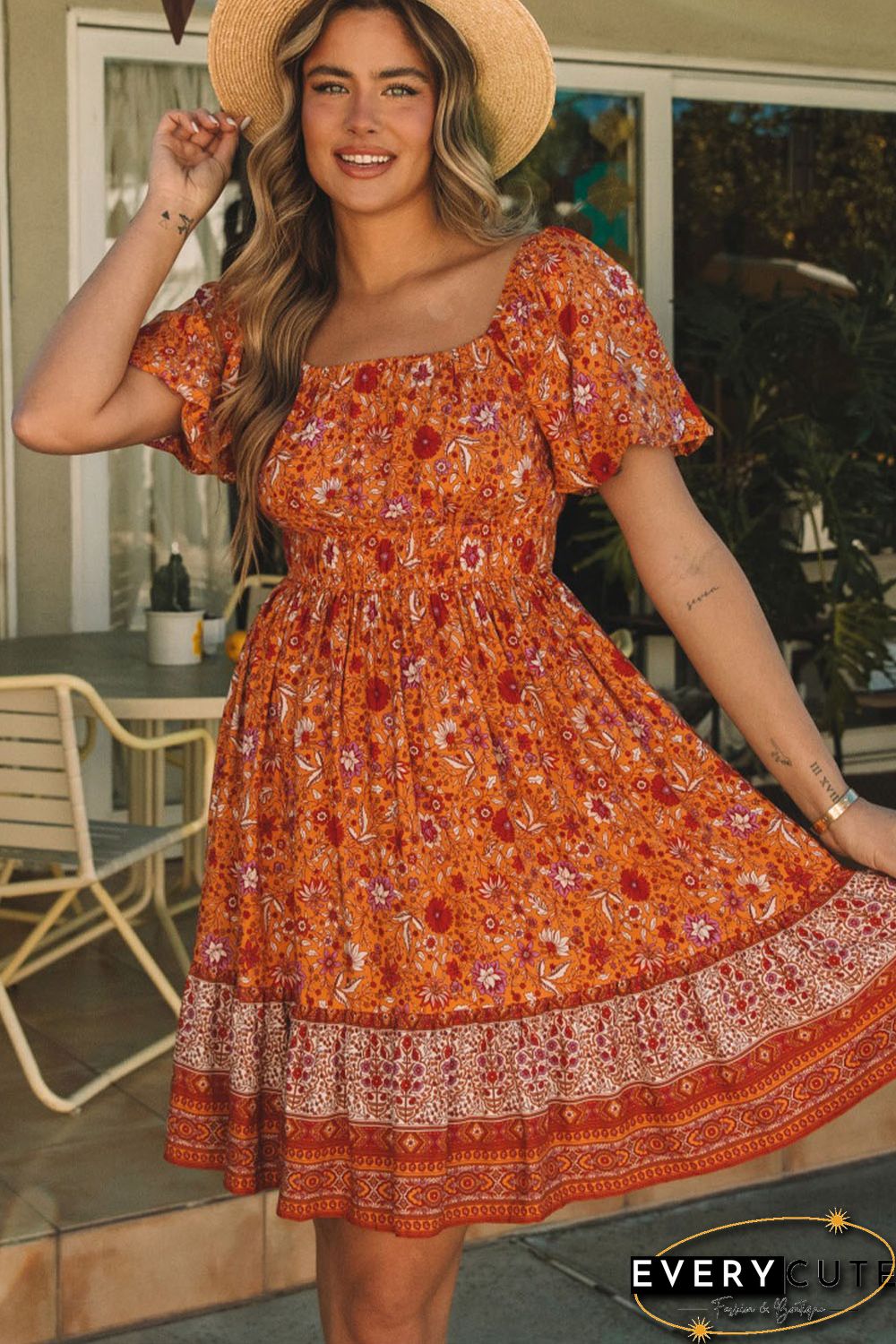 Orange Square Neck Puff Sleeves Flowy Floral Dress