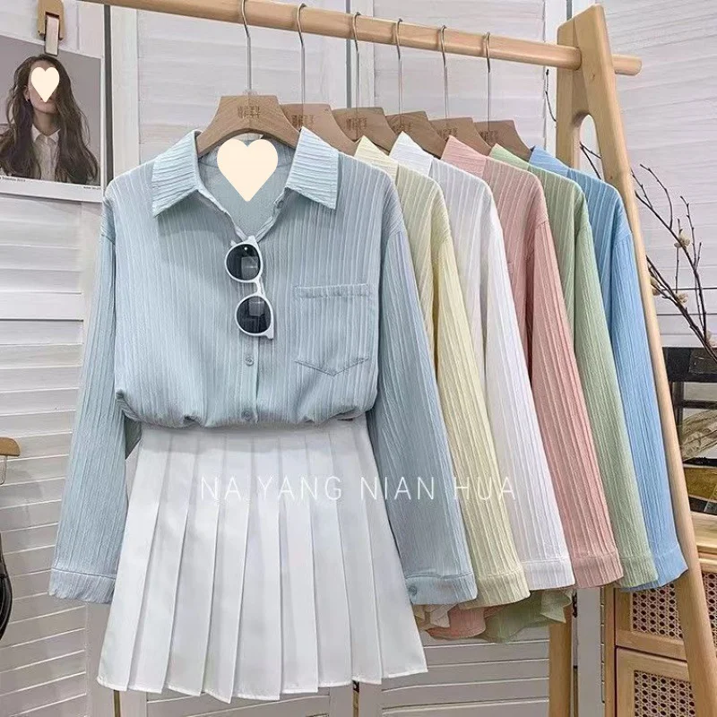 Uveng Uveng Chic Texture Folds Loose Long-Sleeved Shirt Women Spring Fresh Design Sense Inside And Outside Wear On