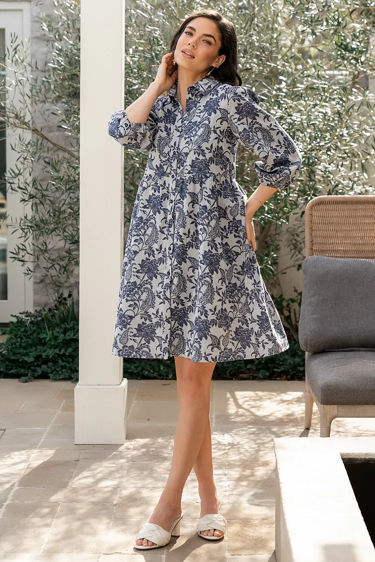 Cute Babydoll Style Dress - Navy Print