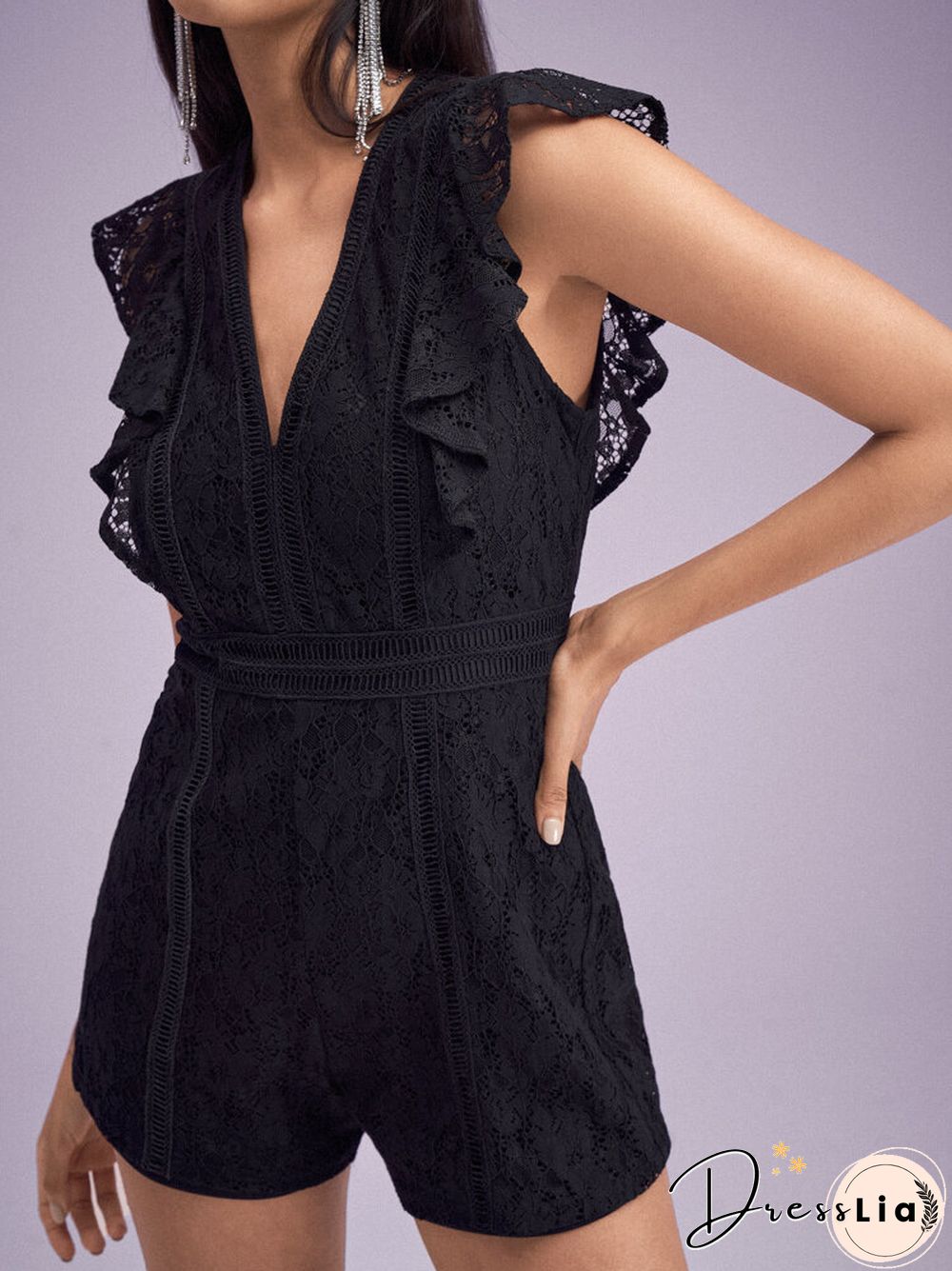 Lace Solid Ruffle Sleeve V-neck Romper For Women