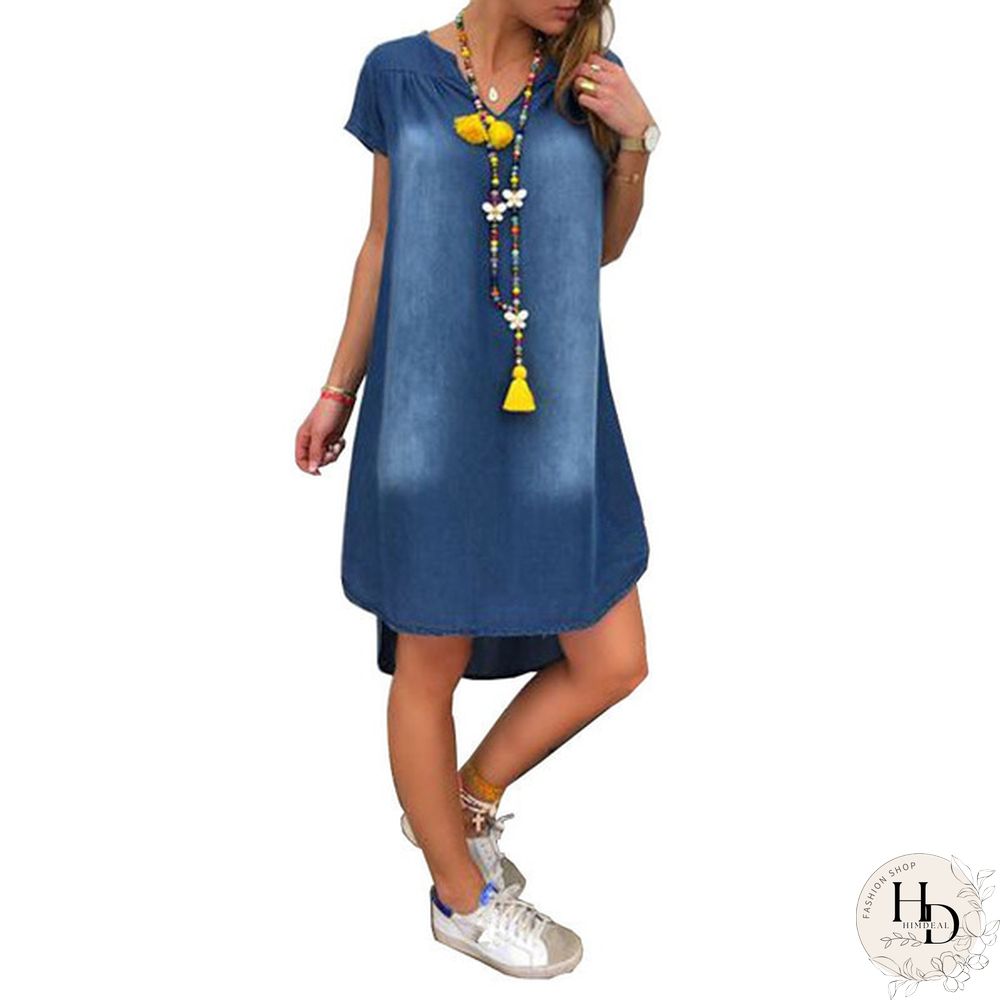 Women Fashion Summer Plus Size Short Sleeve Loose Denim Mini Jeans Dress