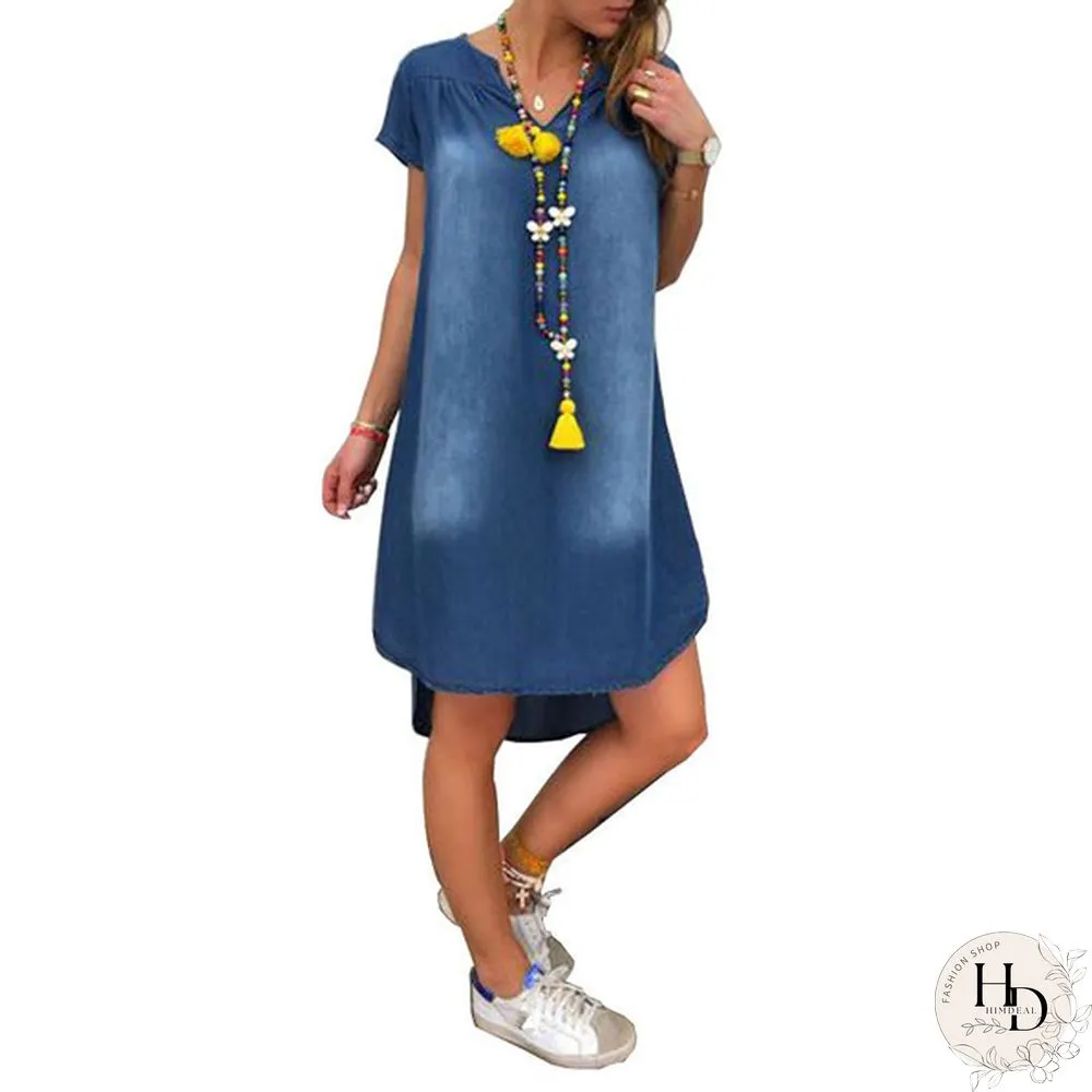 Women Fashion Summer Plus Size Short Sleeve Loose Denim Mini Jeans Dress