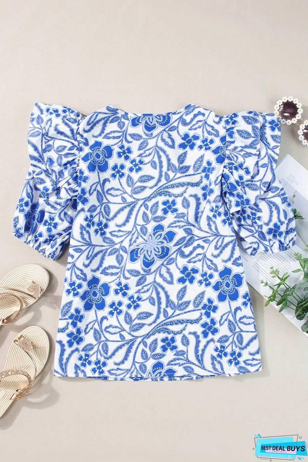 Printed Notched Half Sleeve Blouse