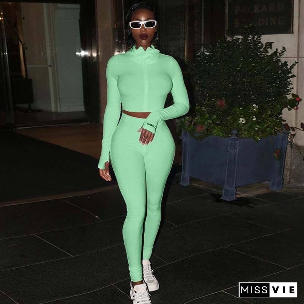 Autumn Ribbed Tracksuit Set Women Two Piece Outfits Work Out Sweat Suits Crop Top Women Set Fitness Sweatsuit Female